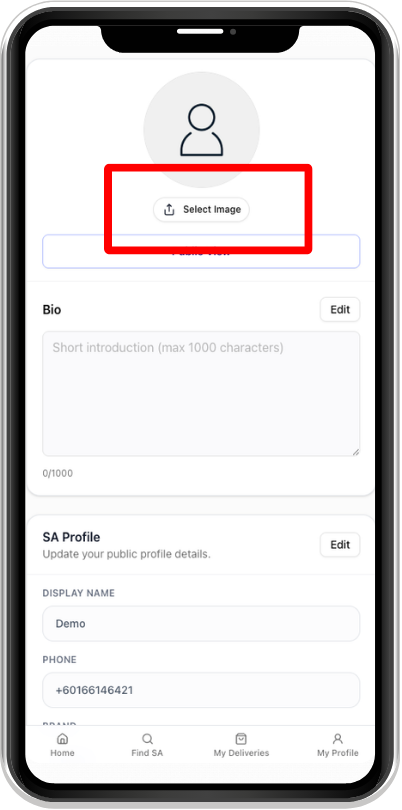 SA Profile page with Select Image highlighted