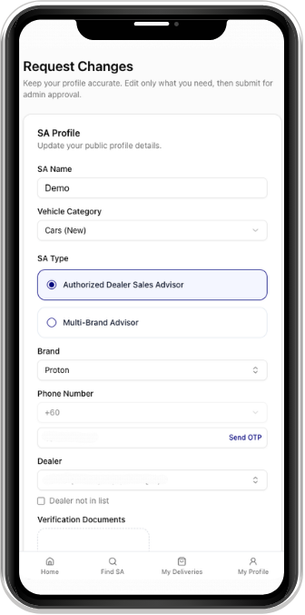 Find SA Request Changes form