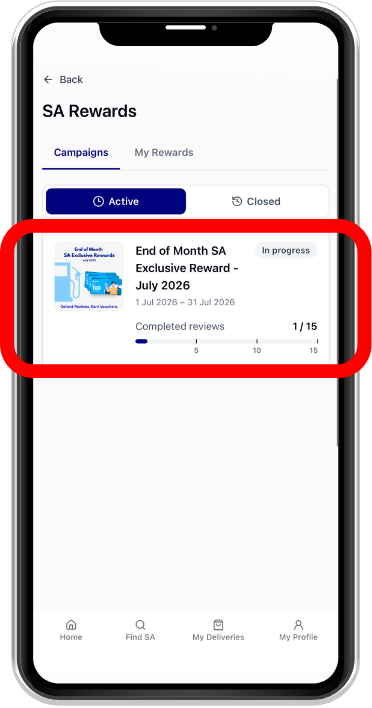 SA Rewards page with an active campaign highlighted
