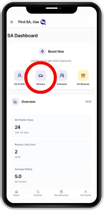 SA Dashboard with Delivery highlighted
