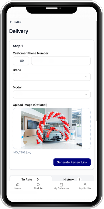 Delivery form with customer, vehicle, image, and Generate Review Link fields