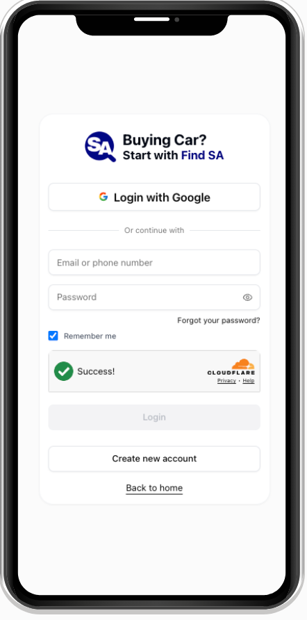 Find SA login and account creation screen