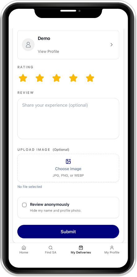 Find SA review form with rating, review, photo, and Submit button