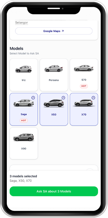 Sales Advisor profile with selected car models and Ask SA button