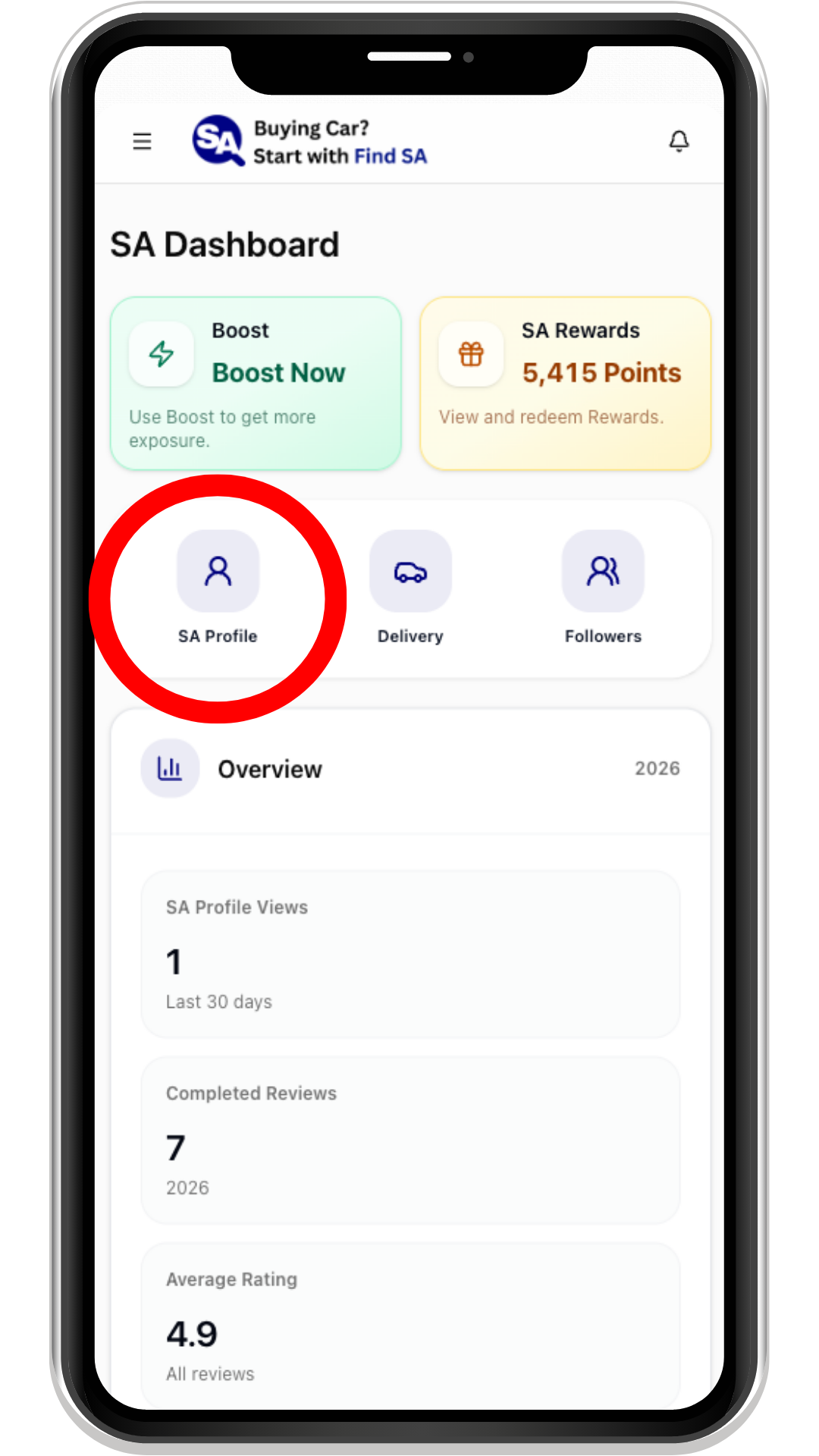 SA Dashboard with SA Profile highlighted