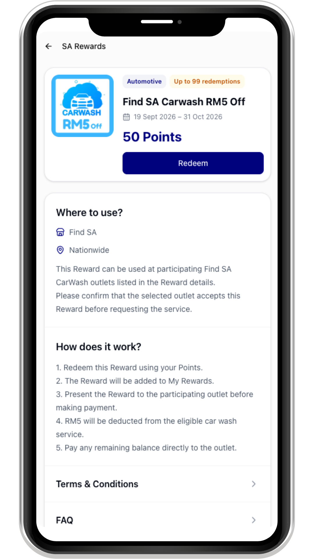 Reward detail page showing dates, Points, usage instructions and Redeem